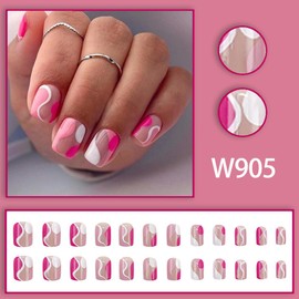 Short Press on Nails Square AZTSYT Pink French Fake Nails Full Cover False Nails with Pink Corrugation Designs Rose Pink Line Glossy Acrylic Press on Nails Artificial Nails for Women Girls 24 Pcs