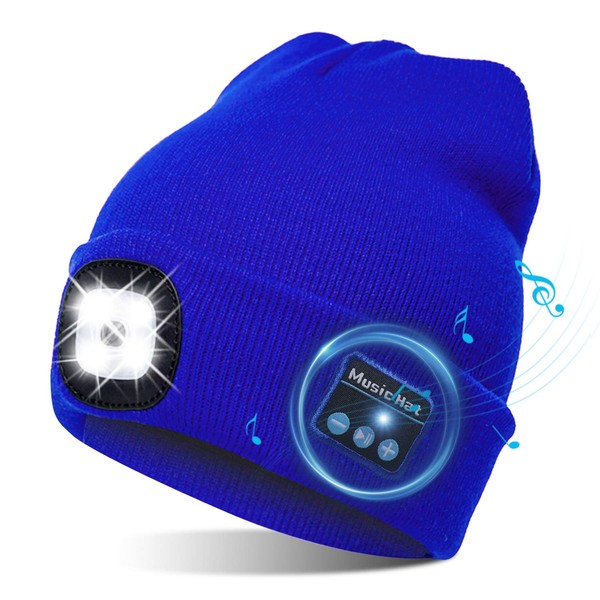 TAGVO LED Bluetooth 5.0 Beanie Hat with Built-in Stereo Speaker and Microphone, Winter Warm Knitted Lighting Wireless Bluetooth Headphones Music Hat for Running, Hiking, Christmas Gift, Blue