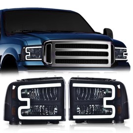 LQI Headlight Assembly LED DRL Compatible with Ford F250 F350 F450 F550 2005-2007 /Fit Ford Excursion 2005 Headlamps Smoke lens Black Houing Amber Reflector