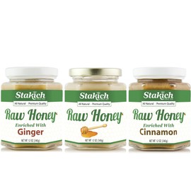 GIFT PACK - Stakich RAW HONEY 12-OZ, Cinnamon RAW HONEY 12-OZ, Ginger RAW HONEY, 12-OZ - Pure, Unprocessed, Unheated, KOSHER - (Natural)