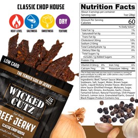 Wicked Cutz Classic Chop House Beef Jerky, 33g Protein Per Bag, Tender & Easy to Chew Alternative to Beef Sticks, USA Made High Protein Carnivore Snacks (2 Bags)