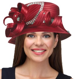 PGTEN Women's Satin Dress Church Hats with Rhinestones Burgundy