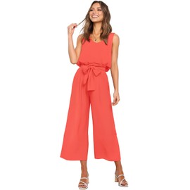 Women 2 Pieces Casual Tracksuit Summer Sleeveless Tank Top High Waist Trouser with Pocket Fluorescent Orange Red Top & Trouser S