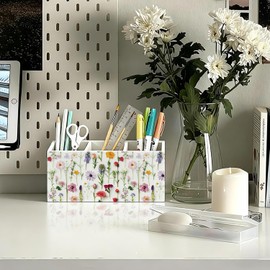 LIANGW Floral Pen Pencil Holder for Desk Accessories, Cottagecore Colorful Wildflower Botanical Wooden Box Sign Decorations for Girls Room Bedroom Dorm Home Office Desk Tabletop
