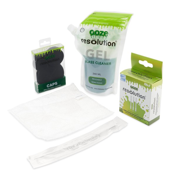 RESÖLUTION Ooze Resolution Glass Cleaner Spotless Kit (1 Gel Pack, Caps, Cotton Swabs, Brush Cleaners) - Liquid Cleaning Solution - Cotton Cleaning Swabs (Cleaning Bundle w/Black Caps)