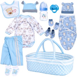Reborn Baby Doll Clothes 12pcs for 17-22 Inch Reborn Dolls Clothes Accessories Blue Luxurious Gift Set (Bassinet+ Blanket)