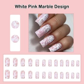 ANDGING White Pink Marble Press on Nails Square Medium Fake Nails for Women Fantasy Glossy Long Fake Nails with Designs Manicure stick on nail for Wedding Gel Acrylic Full Cover False Nails