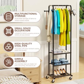 Ekisemio Clothing Garment Rack on Wheels, Rolling Small Clothes Rack for Hanging Hat, Coats, Skirts with 3 Tier Mesh Metal Storage Shelves and 4 Hooks, Black