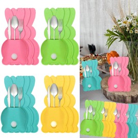 12 Pcs Easter Bunny Utensil Cutlery Holders Bunny Rabbit Shape Pouch Bags Felt Silverware Holder Pockets Utensil Sleeve for Dinner Knife Forks Easter Table Decoration Spring Wedding Birthday Party