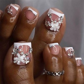 Press on Toenails French Tip Fake Toe Nails 3D Pearl White Flowers False Toenails Full Cover Short Square Acrylic Glue on Toenails Rhinestones Artificial Stick on Toenails for Women 24Pcs