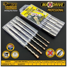 5 x SabreCut QSCK5B 5.5mm 6mm 6.5mm 8mm 10mm x 160mm Quattro PGM Approved Full Carbide 4 Cutter Tip Vortex Flute SDS Plus Drill Bit Mix Kit For Stone Concrete Brick Block