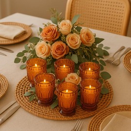 Koyal Wholesale 6Pcs Vintage Glass Amber Candle Holders 3 X 2.75 Fall Autumn Wedding Amber Votive Candle Holders Tealight Holder for Table Centerpiece Boho Rustic Baby Shower Home Decor