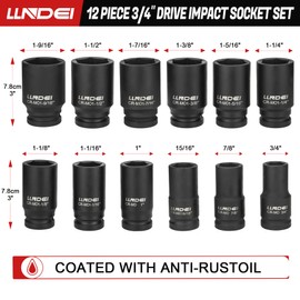 LLNDEI 3/4 inch Drive Impact Socket Set, 12 Piece Heavy Duty CR-MO Deep/Jumbo Sockets 6 Point Design, SAE 3/4" to 1-9/16", for Large Vehicle and Apparatus Maintenance