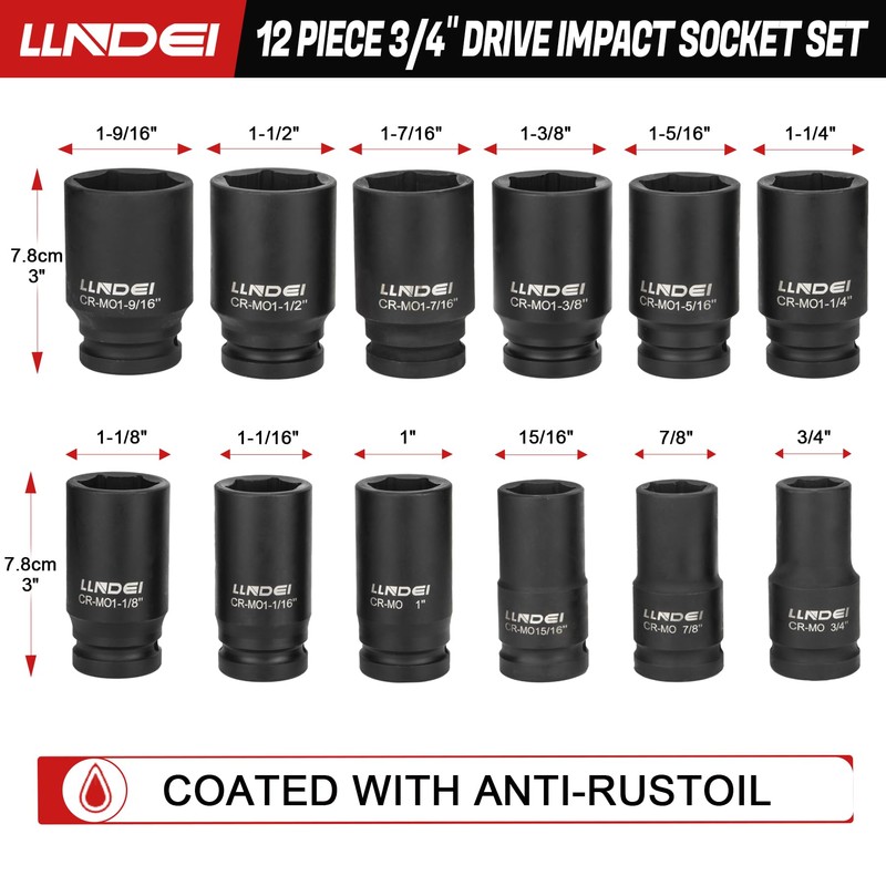 LLNDEI 3/4 inch Drive Impact Socket Set, 12 Piece Heavy