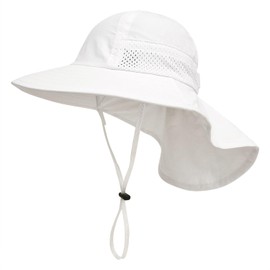 Winzik Toddler Sun Hat, Baby Boys Girls Wide Brim Beach Hats with Neck Flap Kids UPF 50+ Summer Caps (M, Solid White)