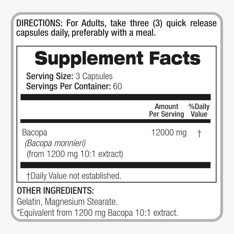 Bacopa Monnieri Leaf 12000mg 180 Caps No Gluten