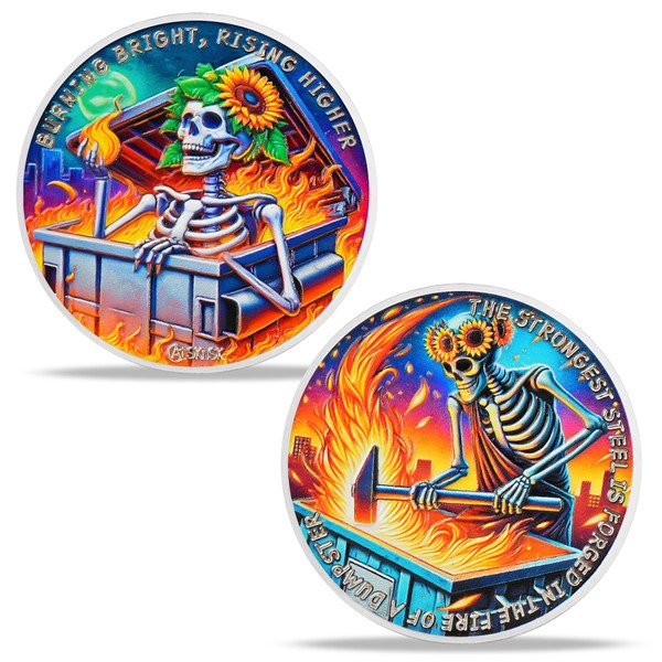 BHealthLife Dumpster Fire Challenge Coin - Sunflower Skeleton Motivational Coin
