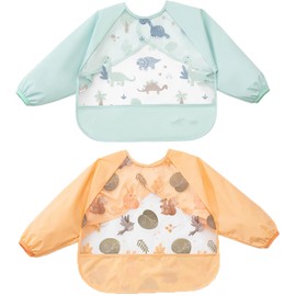 【 2 Pack 】MINGYI Baby Feeding Apron, Long Sleeve, Magic Closure, Kids Waterproof Lightweight Apron with 3D Pockets, 6 Months to 3 Years, 1-Year Peace of Mind Warranty.., white (off-white), Free size