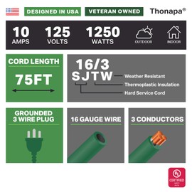 Thonapa Weatherproof Outdoor Extension Cord 75 ft, 16/3 SJTW 75ft Green Extension Cord 3 Prong, Long for Outdoor Lights & Landscaping, UL Certified - US Veteran Owned