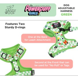 Sassy Woof Dog Adjustable Harness - The Powerpuff Girls™ (Green) - L, Breathable Mesh, No Pull Design with Two D-Rings, Ideal for Large Dogs
