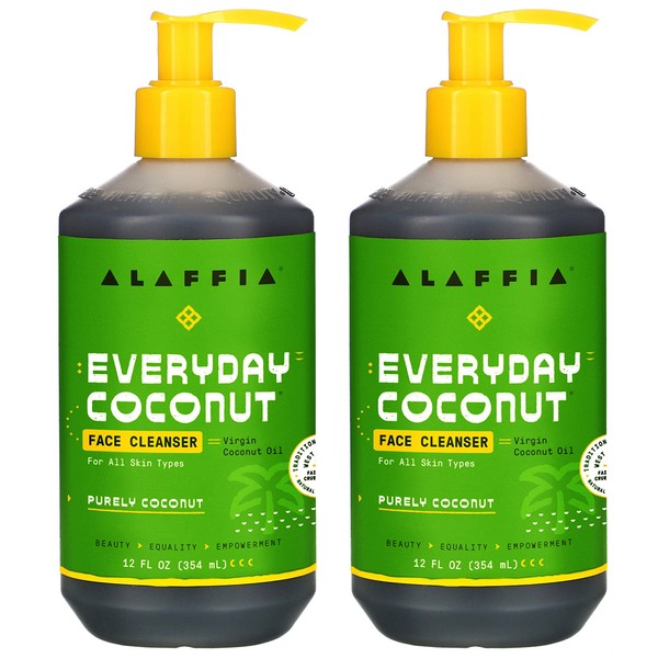 Alaffia Everyday Coconut Face Cleanser for All Skin Types.  Leaves Skin Fresh and Hydrated with Fair Trade Coconut Oil & Neem, Vegan, Cruelty Free, No Parabens, Purely Coconut, 2 Pack - 12 Fl Oz Ea