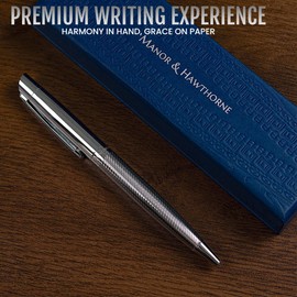 Manor & Hawthorne Elegant Ballpoint Pen - Premium Writing Instrument in Luxury Box - Smooth Ink Flow, Refillable Pen - Professionals, Business, Office Use, Special Occasions (Silver)