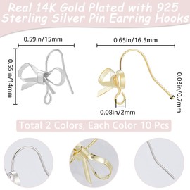 Beebeecraft Pack of 20 Earring Hooks with Bow 14 Carat Gold and 925 Sterling Silver Plated Ear Hooks with Bow and Storage Box for DIY Earring Making