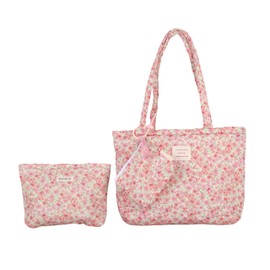 Floral Quilted 3-in-1 Bag Set for Wome Cotton Large Shoulder Tote with Medium Cosmetic Bag Mini Organizer Pouch A039 (Pink)