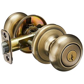 Kwikset Juno Keyed Entry Door Knob with Microban Antimicrobial Protection featuring SmartKey Security in Antique Brass