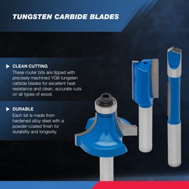 HILTEX 10100 Tungsten Carbide Router Bits, 15 Piece Router Bit Set, 1/4” Router Bit Shank Tungsten Carbide Router Bits, Chamfer for Woodworking on Wood, Blue