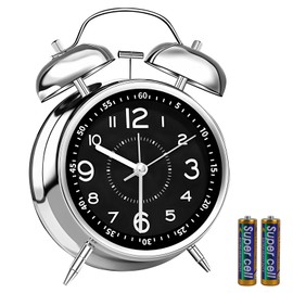 pxy Loud Alarm Clock for Heavy Sleepers 3D Dial Battery Operated (Battery Include), 4" Super Silent Analog Alarm Clock for Kids with Night Light PT260 Silver OrangePT260 Silver Black