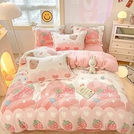 Pink Strawberry Duvet Cover Set Fluffy Duvet Cover Kawaii Cartoon Comforter Cover Soft Kids Duvet Cover Queen Bedding Set (Strawberry, Queen)