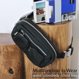 Women's Zipper Pockets Fanny Packs Nylon Waist bag Everywhere Belt bag (Black)