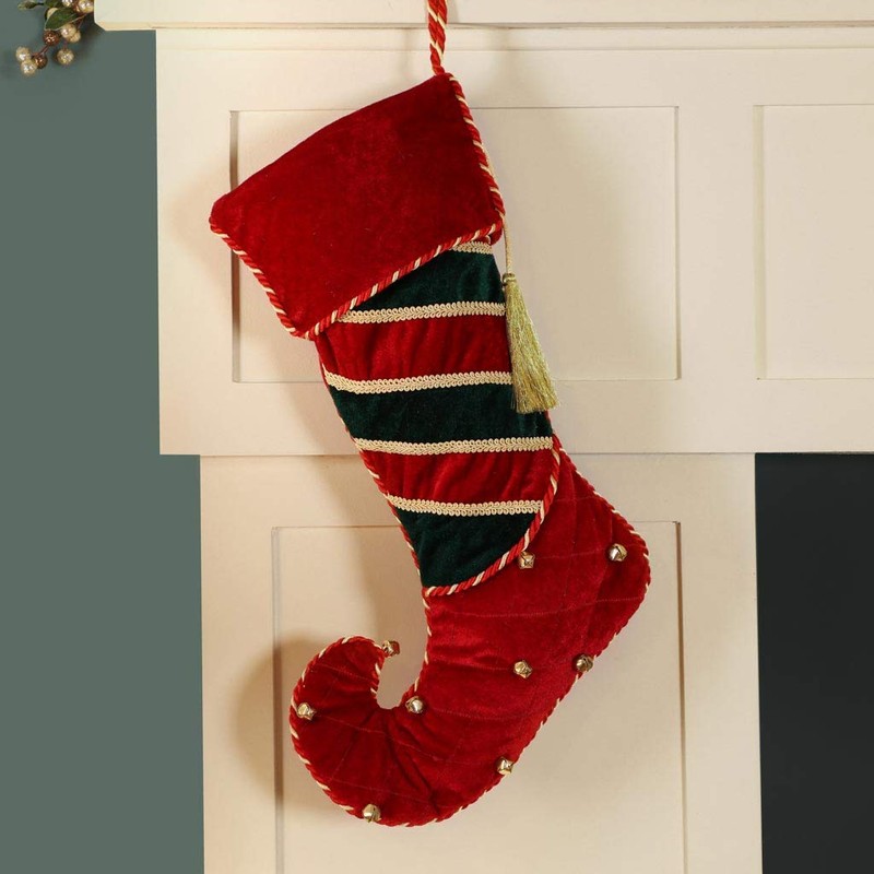 Dibor Luxury Striped Elf Boot Soft Red Velvet Christmas Stocking