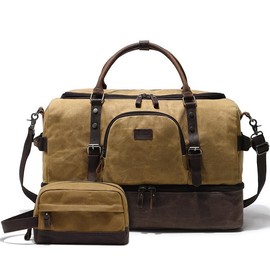 Nerlion Weekender Bag with Shoe Compartment Large Overnight Bag for Men Canvas Genuine Leather Carry on Luggage Bag Travel Duffel Bag - Color: Brown