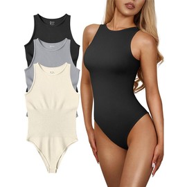 OQQ Women's 3 Piece Bodysuits Sexy Ribbed Sleeveless Halter Neck Bodysuits - Color: Black,Grey,Beige, Size: S