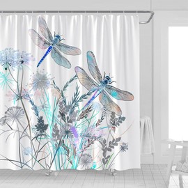 Dragonfly Floral Shower Curtain Wildflower Dragonflies Flower Blooms Branch Leaves Sage Spring Summer Botanical Vintage Abstract Fabric Bathroom Decor Curtains with Hooks,70 x 70