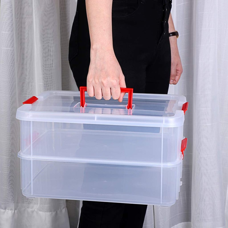 JUXYES 2-Tiers Stack Carry Storage Box With Handle, Transparent Stackable