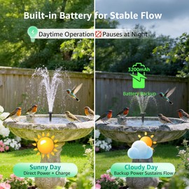 Solar Fountain Pump with Battery Backup, 8.5W Solar Water Pump Built-in 3200mAh Battery, Dual-Layer Nozzles 7+ Spray Modes & 5Ft PVC Tubing, Pond Fountain for Bird Bath Garden Water Feature