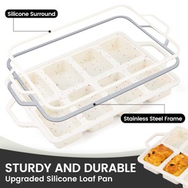 Vinino Silicone Mini Loaf Pans with Metal Reinforced Frame-1 Pack, Non-stick Silicone Bread Pan for Baking 8-Cavity, Tiny Banana Bread Pan Set, Dishwasher Safe Brownie Pan-Cream