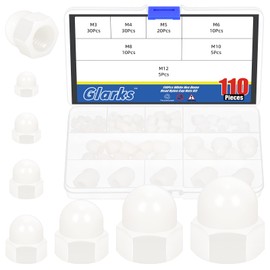 Glarks 110pcs 7 Sizes White Nylon Acorn Hex Nuts Set, M3 M4 M5 M6 M8 M10 M12 Dome Head Decorative Hexagon Cap Nuts Hex Head Dome Acorn CoverNut for Protecting Hexagon Shaped Threads Studs and Bolts