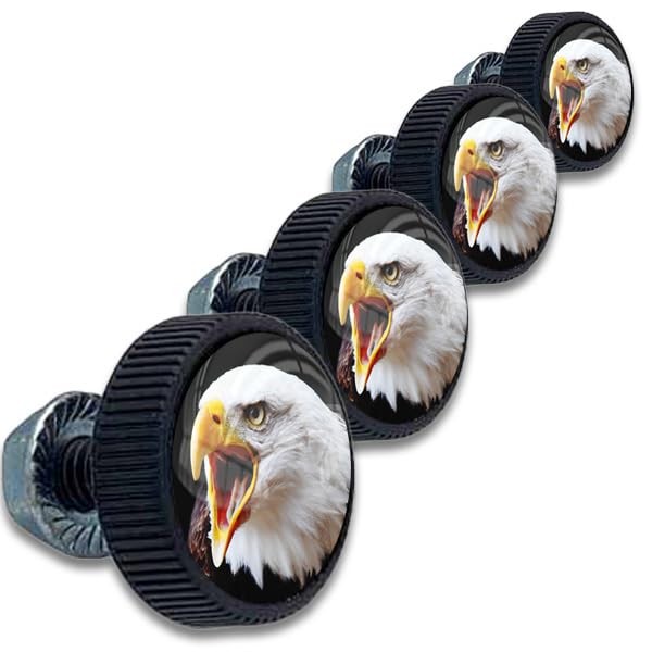 Tricktoppers 4 Black Knurled Motorcycle License Plate Frame Fastener Hardware Tag Bolts Screws Kit Custom Logo (USA Brand) - American Bald Eagle