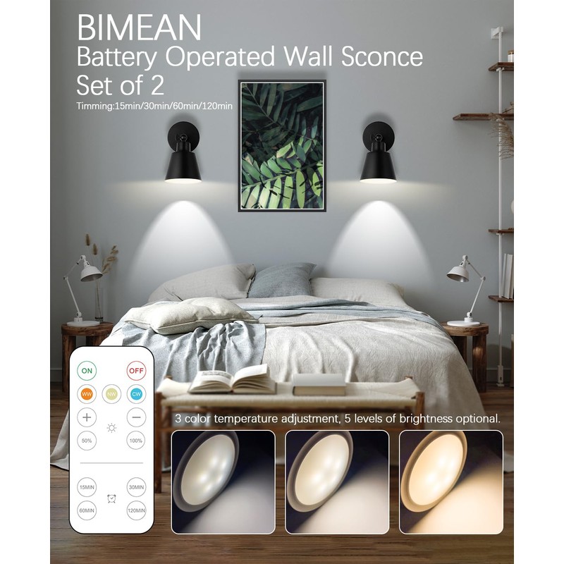 BIMEAN Black Battery Operated Wall Sconce Set of 3, Easy