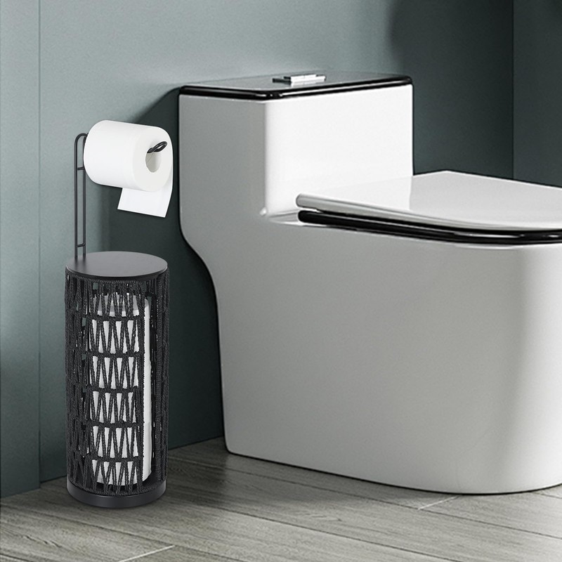 Black Freestanding Toilet Paper Holder with Storage,3 Rolls of Tissue