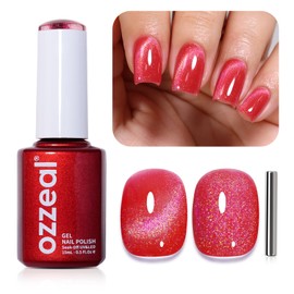Cat Eye Gel Nail Polish, 0.5 Fl Oz Strawberry Red Rainbow Magnetic Gel Nail Polish With Magnet UV LED Holographic Glitter Diamond Shimmer Sparkle DIY Manicure