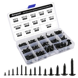 Annyswit Pack of 200 Black Cross Tapping Screws Assortment, M3 M3.5 M4 M5 M6 Small Self-Tapping Screw Set, Carbon Steel Screws, Self Tapping Screws for Homemade Repair
