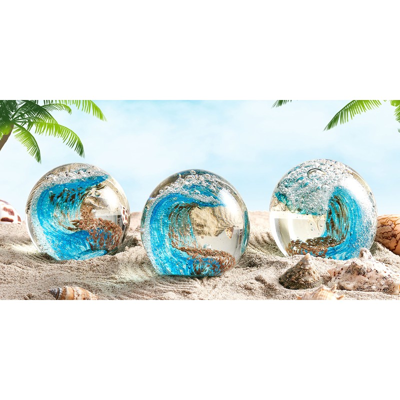 EUSTUMA Hand Blown Glass Figurines Ball Ocean Waves,Office Paperweight Glass