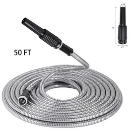 LiGuVCY 50 FT Stainless Steel Garden Hose 304 Metal Hose, Flexible Water Hose Shower Hose with Nozzle, Pet-Proof, Crush-Proof, Puncture-Proof Metal Leak-Proof Hose
