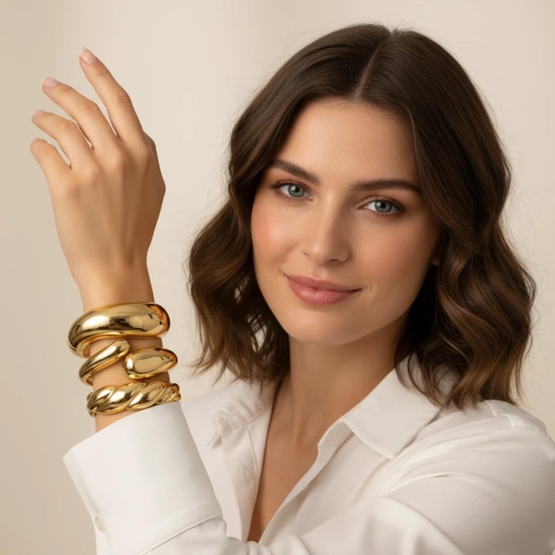 KKPOT Chunky Gold Bangle Bracelets for Women – 14K Gold