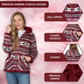 TrailCrest Ladies Smart Plush Sherpa Lined Hooded Sweater Jacket, Zip Up Classic Burgundy Aztec, X-large